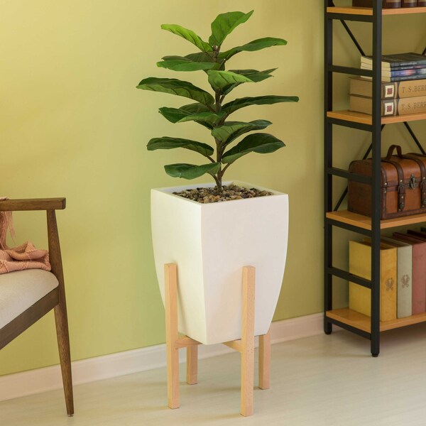 White Indoor Decorative Square Planter With Wooden Stand